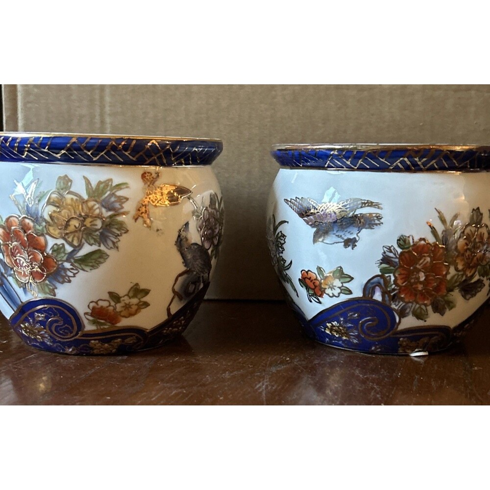 Set Of 2 LEMAX Home Hand Painted Flowers & Birds Ceramic Planter/Pot Chinese